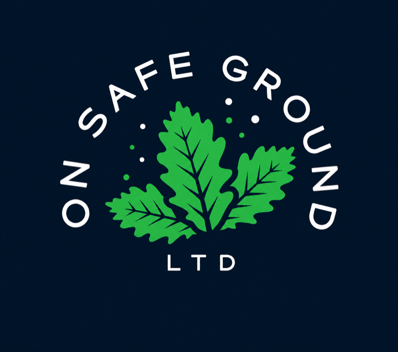 On Safe Ground Ltd logo: three green oak leaves on a navy background