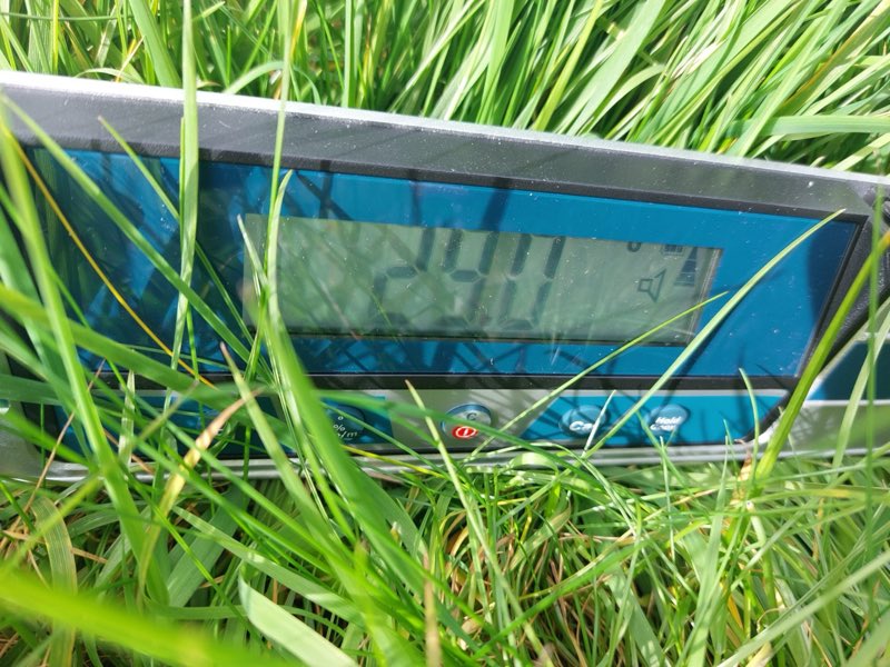 Digital slope gauge lying in long grass, reading 24 degrees